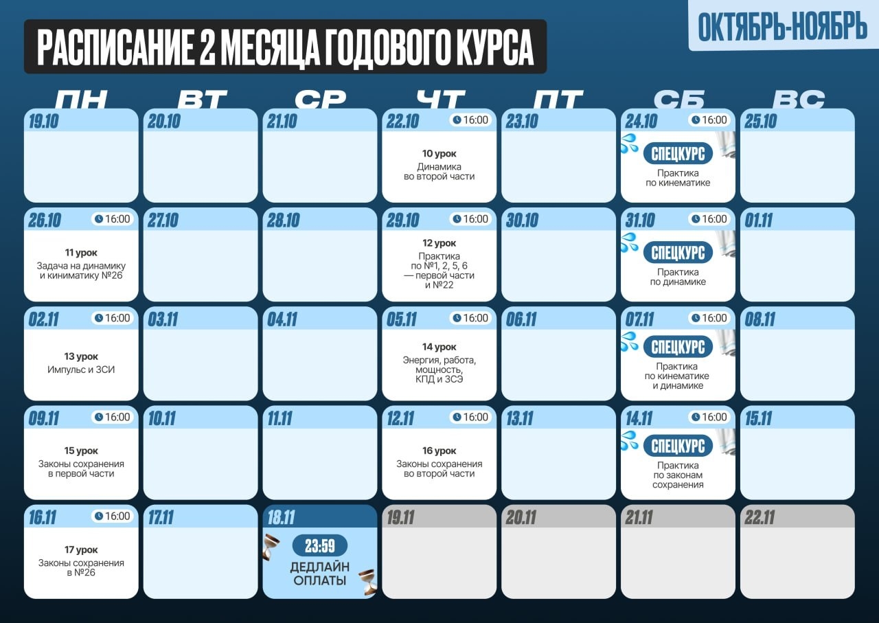 Расписание курса «Годовой курс для подготовки к ЕГЭ по физике с Даней Физиком»