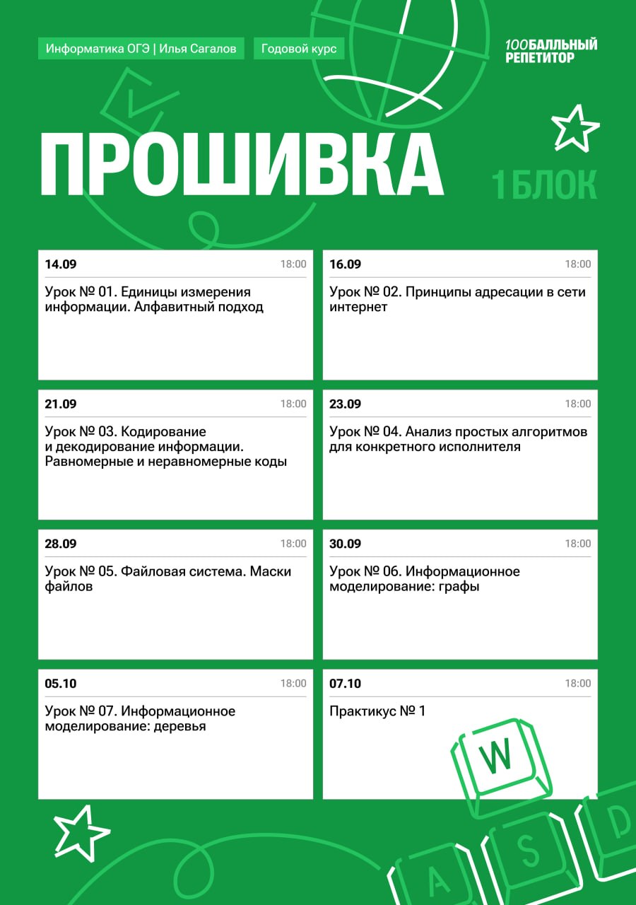 Расписание курса «Прошивка - годовой курс для подготовки к ОГЭ по информатике с Ильёй Сагаловым»
