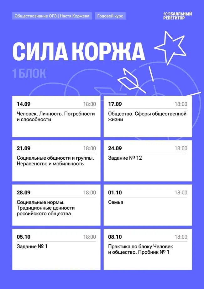 Расписание курса «Сила Коржа - годовой курс для подготовки к ОГЭ по обществознанию с Настей Коржевой»