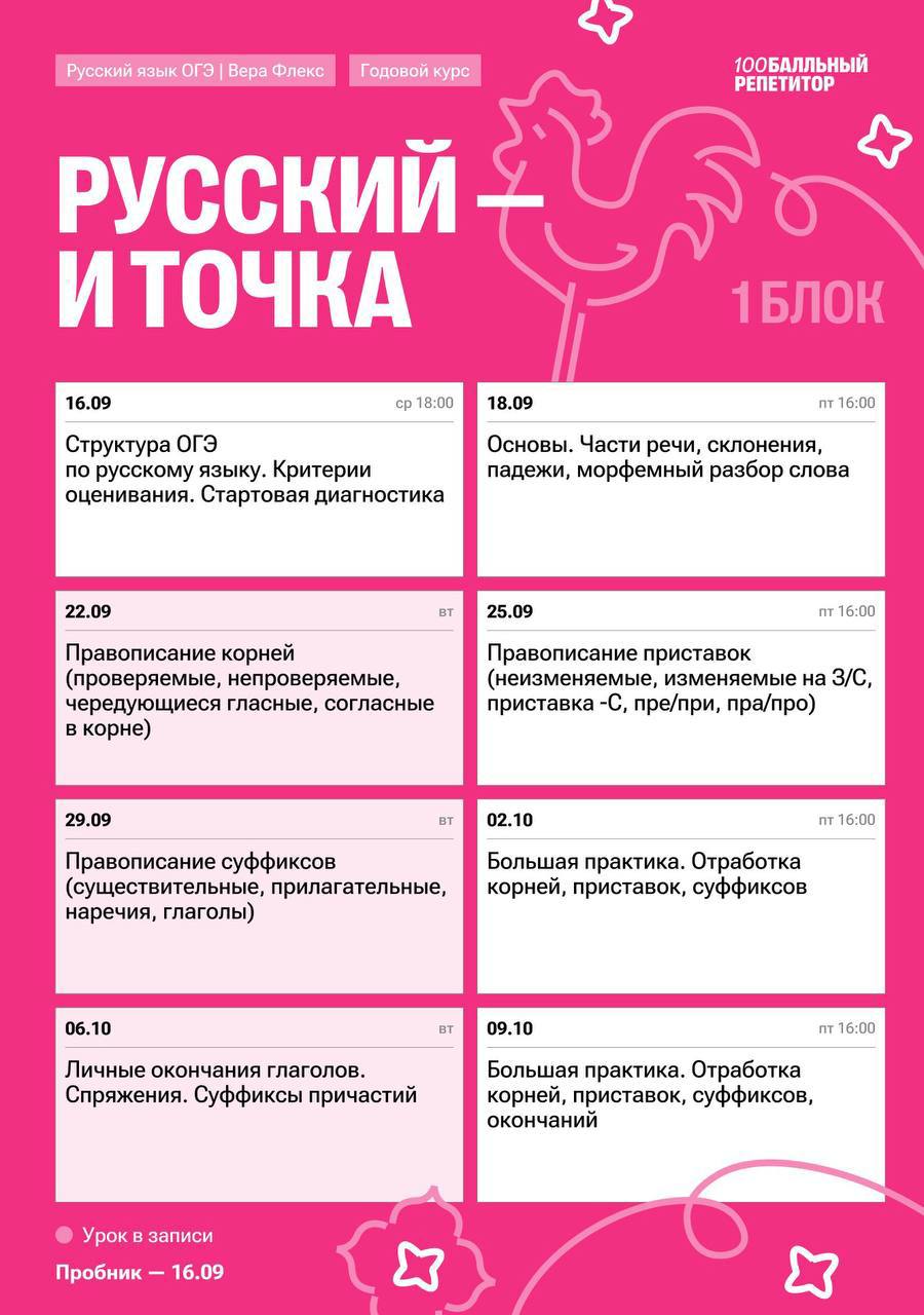 Расписание курса «Русский - и точка - годовой курс для подготовки к ОГЭ по русскому языку с Верой Флекс»