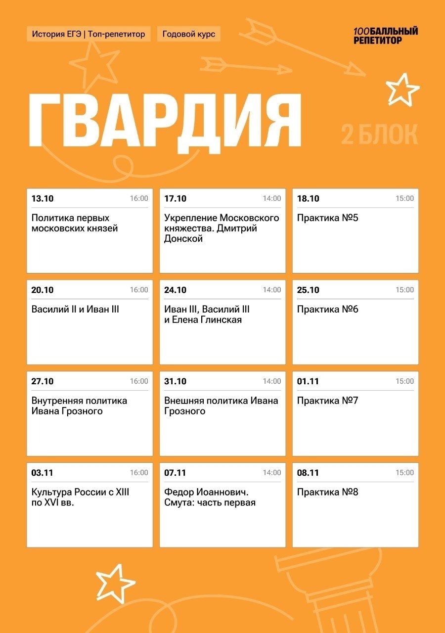 Расписание курса «Гвардия - годовой курс для подготовки к ЕГЭ по истории с Топ-репетитором»