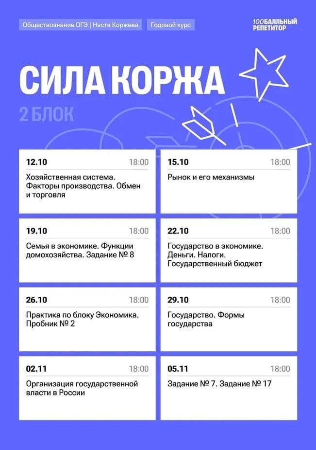 Расписание курса «Сила Коржа - годовой курс для подготовки к ОГЭ по обществознанию с Настей Коржевой»