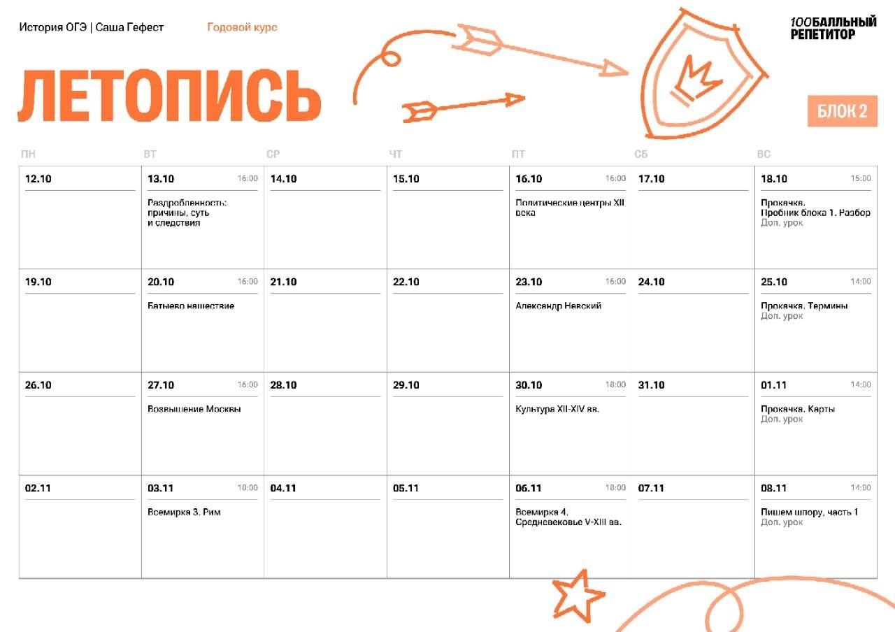 Расписание курса «Летопись - годовой курс для подготовки к ОГЭ по истории с Сашей Гефестом»