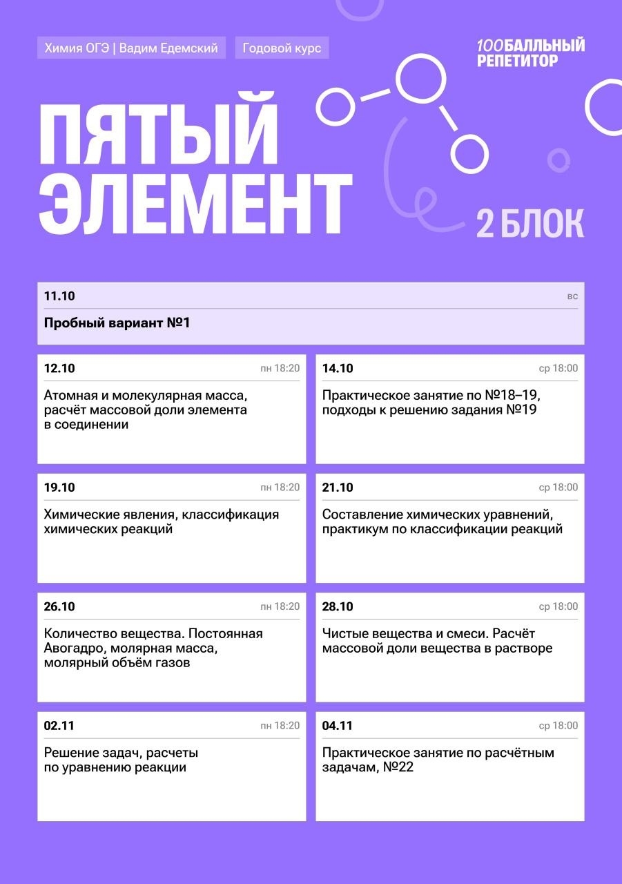 Расписание курса «Пятый элемент - годовой курс для подготовки к ОГЭ по химии с Вадимом Едемским»