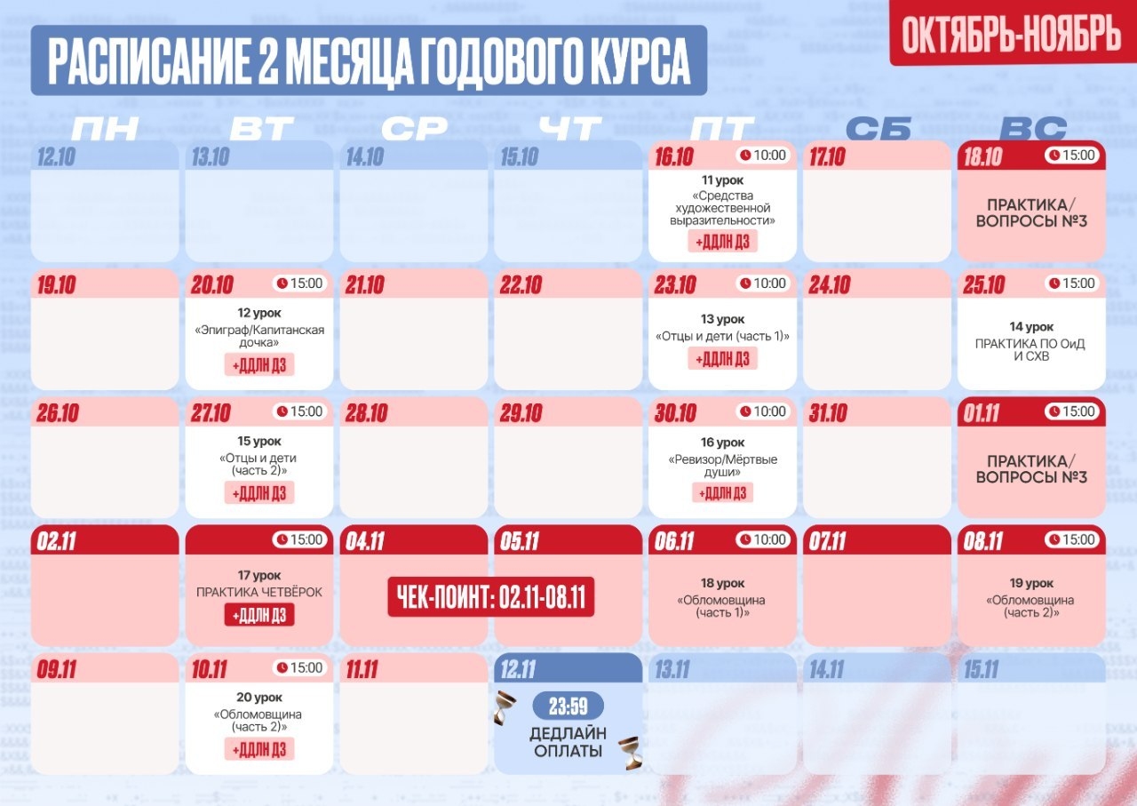 Расписание курса «Годовой курс для подготовки к ЕГЭ по литературе с Юлей Литрой»