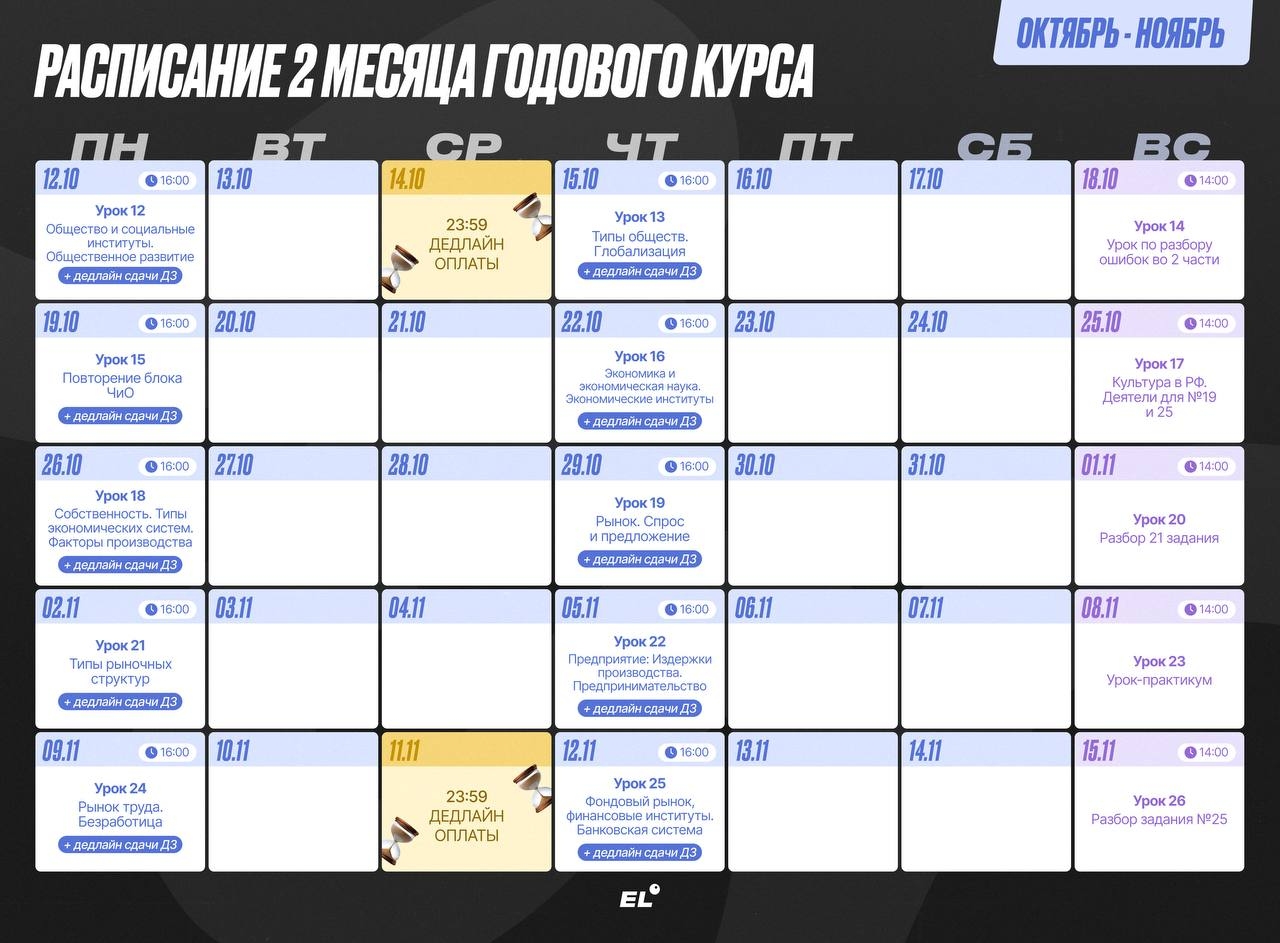 Расписание курса «Годовой курс для подготовки к ЕГЭ по обществознанию с Сашей Обществознайкой»