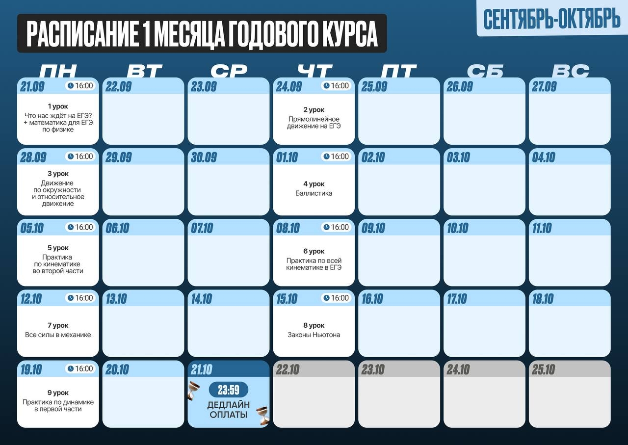 Расписание курса «Годовой курс для подготовки к ЕГЭ по физике с Даней Физиком»