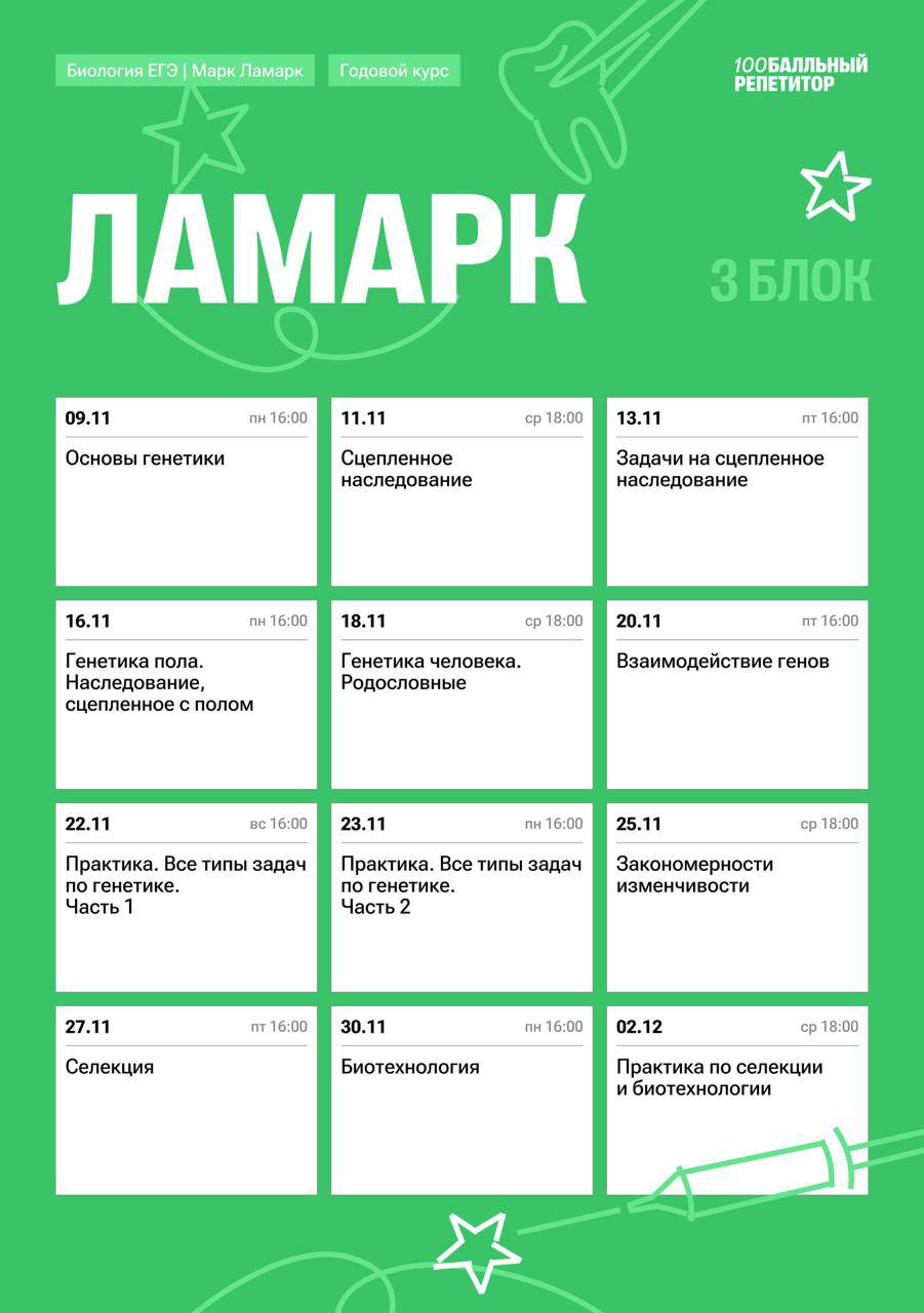 Расписание курса «Ламарк - годовой курс для подготовки к ЕГЭ по биологии с Марком Ламарком»