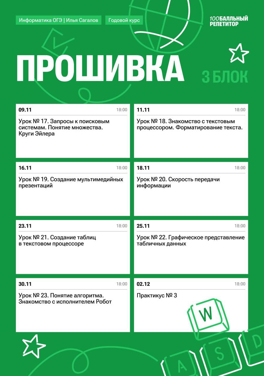 Расписание курса «Прошивка - годовой курс для подготовки к ОГЭ по информатике с Ильей Сагаловым»