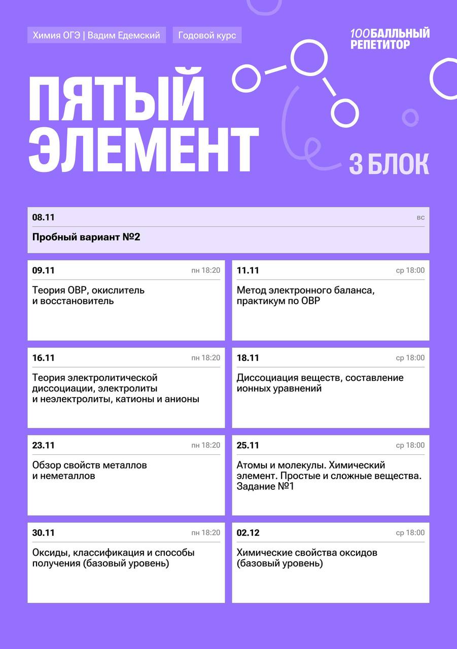 Расписание курса «Пятый элемент - годовой курс для подготовки к ОГЭ по химии с Вадимом Едемским»