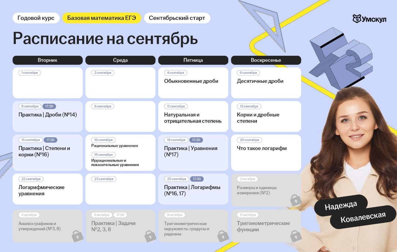 Расписание курса «Основной курс для подготовки к ЕГЭ по базовой математике с Надеждой Ковалевской»