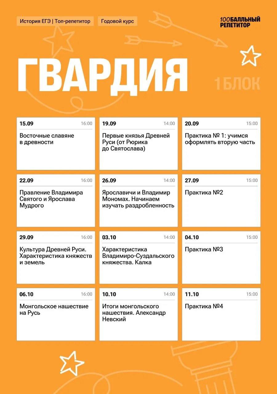 Расписание курса «Гвардия - годовой курс для подготовки к ЕГЭ по истории с Топ-репетитором»
