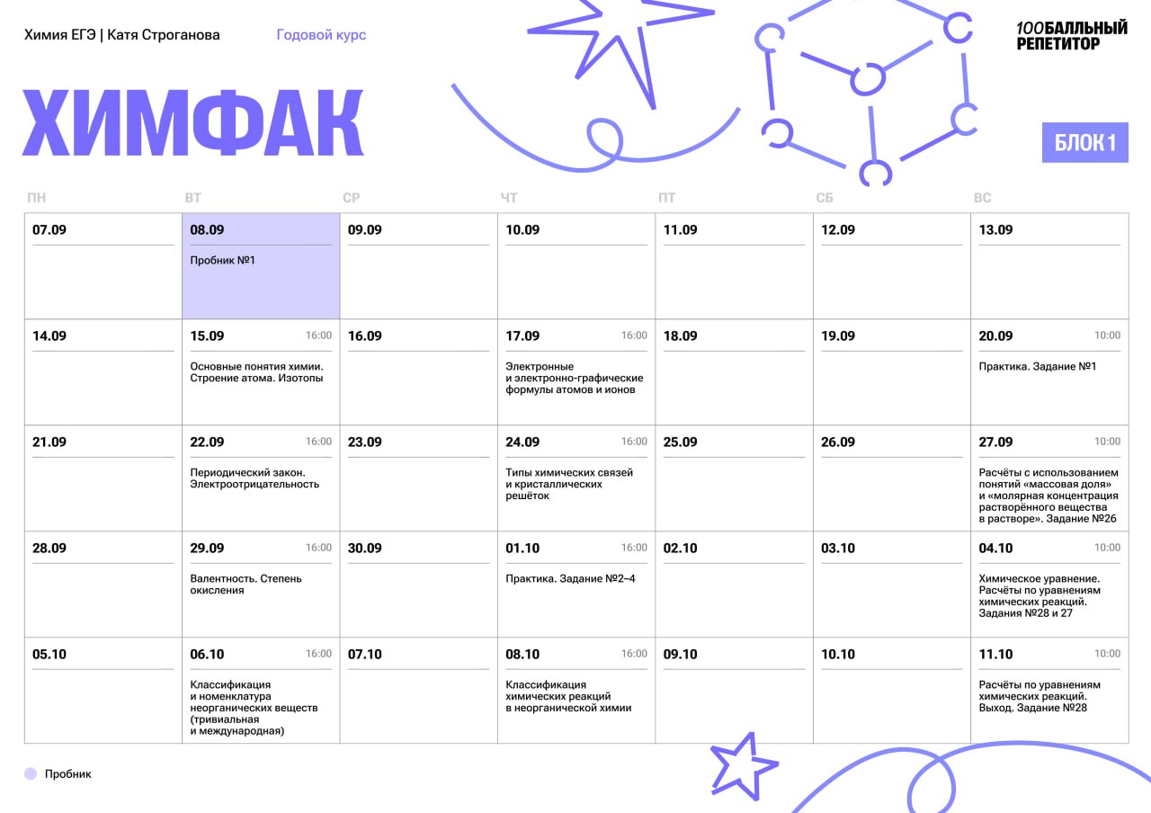 Расписание курса «ХимФак - годовой курс для подготовки к ЕГЭ по химии с Катей Строгановой»