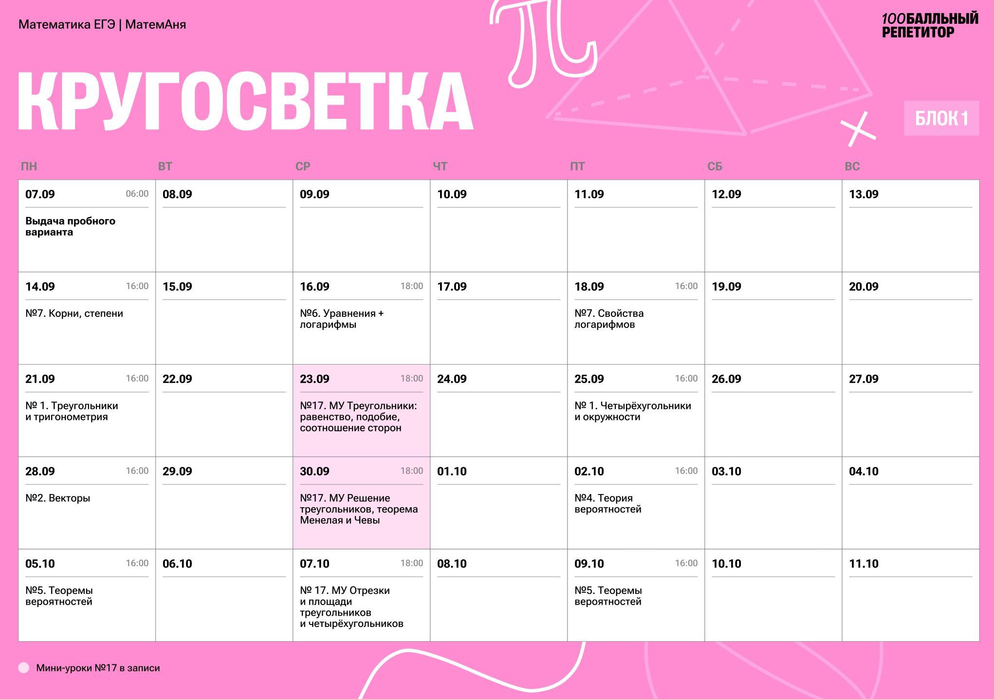 Расписание курса «Кругосветка - годовой курс для подготовки к ЕГЭ по профильной математике с  МатемАней»