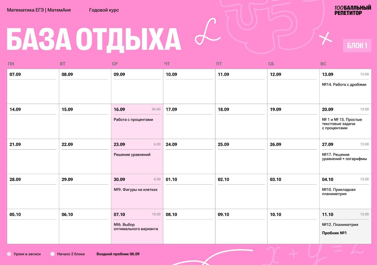 Расписание курса «База отдыха - годовой курс для подготовки к ЕГЭ по базовой математике с МатемАней»