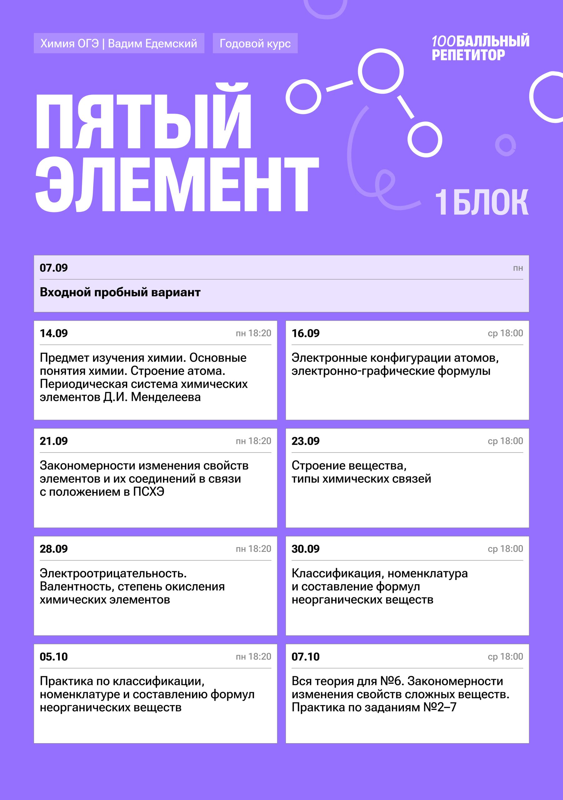 Расписание курса «Пятый элемент - годовой курс для подготовки к ОГЭ по химии с Вадимом Едемским»